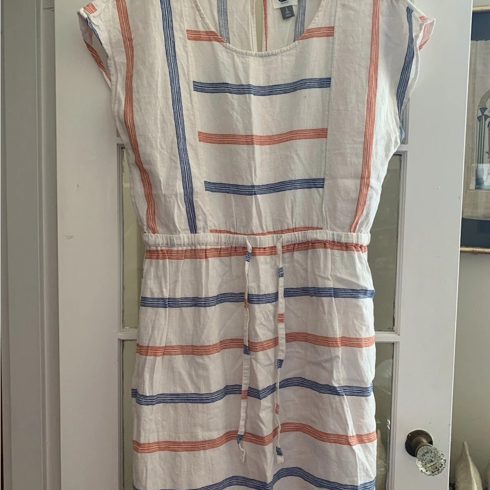 Old Navy White Midi Dress with Blue and Orange Stripes linen blend